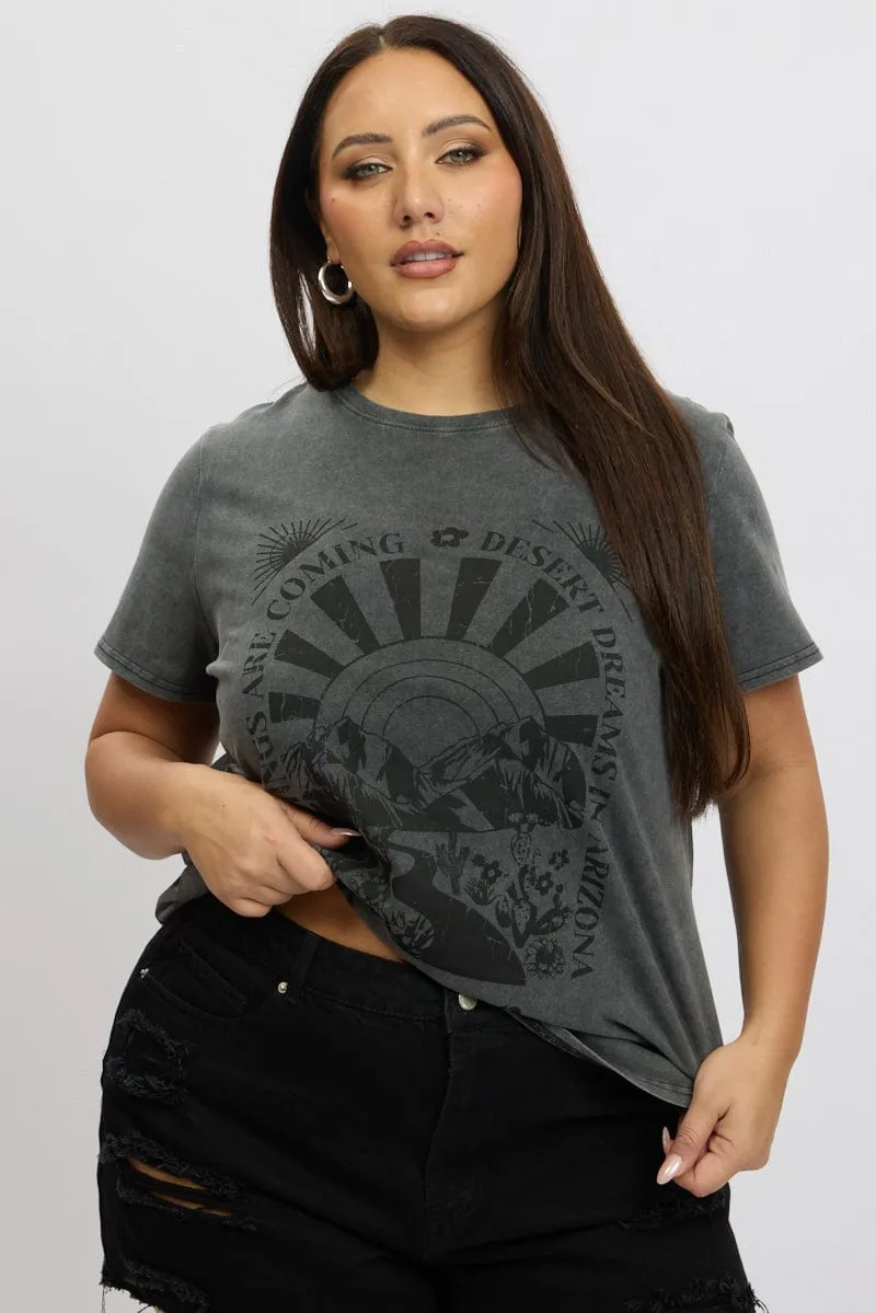 Bright Color Bohemian freedom Grey Graphic T-shirt Short Sleeve Crew Neck Arizona