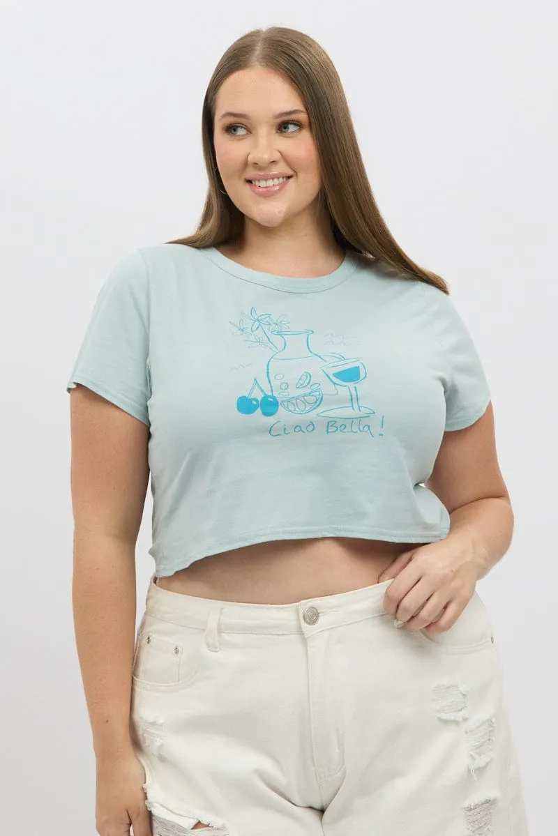 Lightweight Look Fuzz Free Surface Blue Graphic T Shirt Short Sleeve Crew Neck