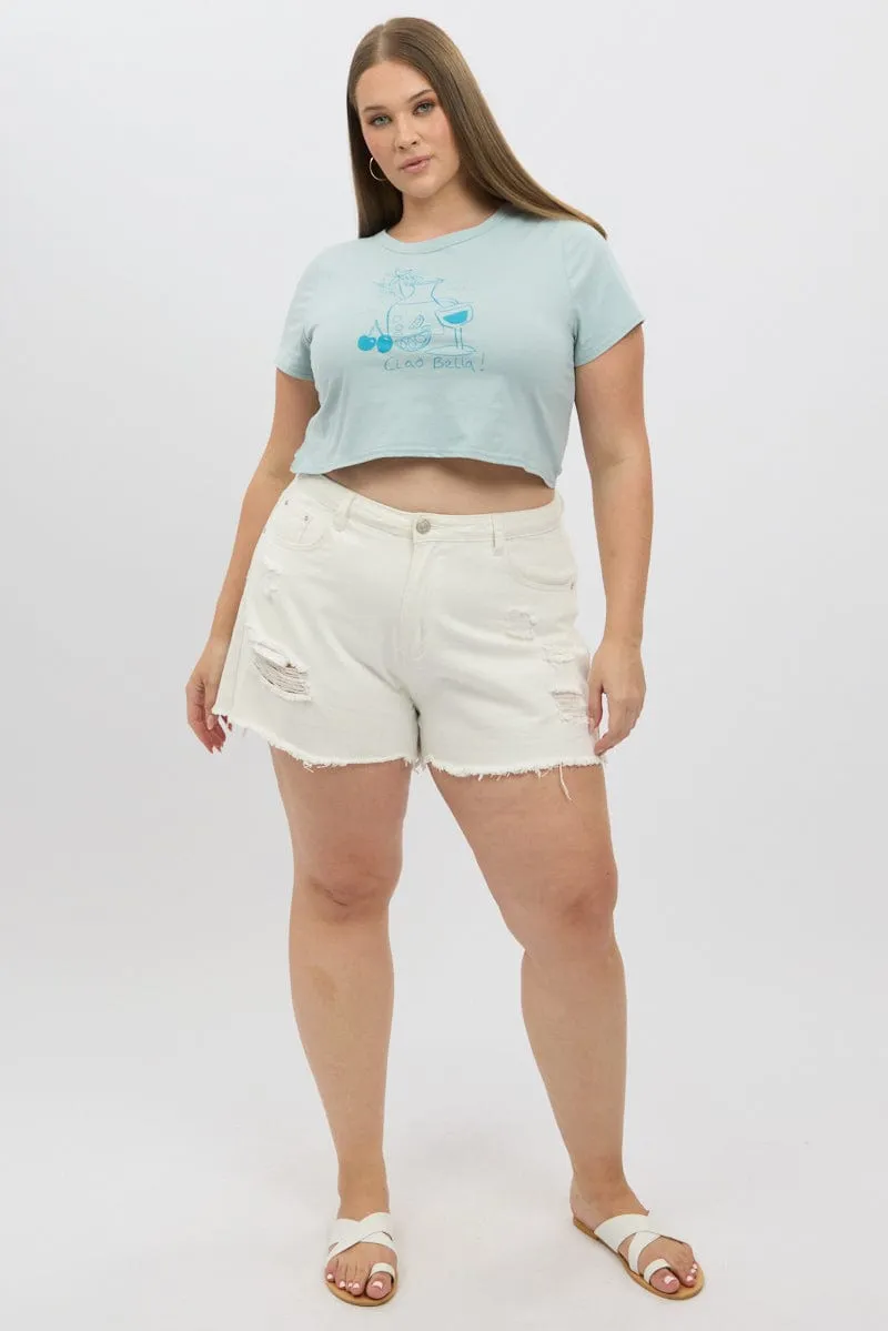 Blue Graphic T Shirt Short Sleeve Crew Neck MultiPly Fabric
