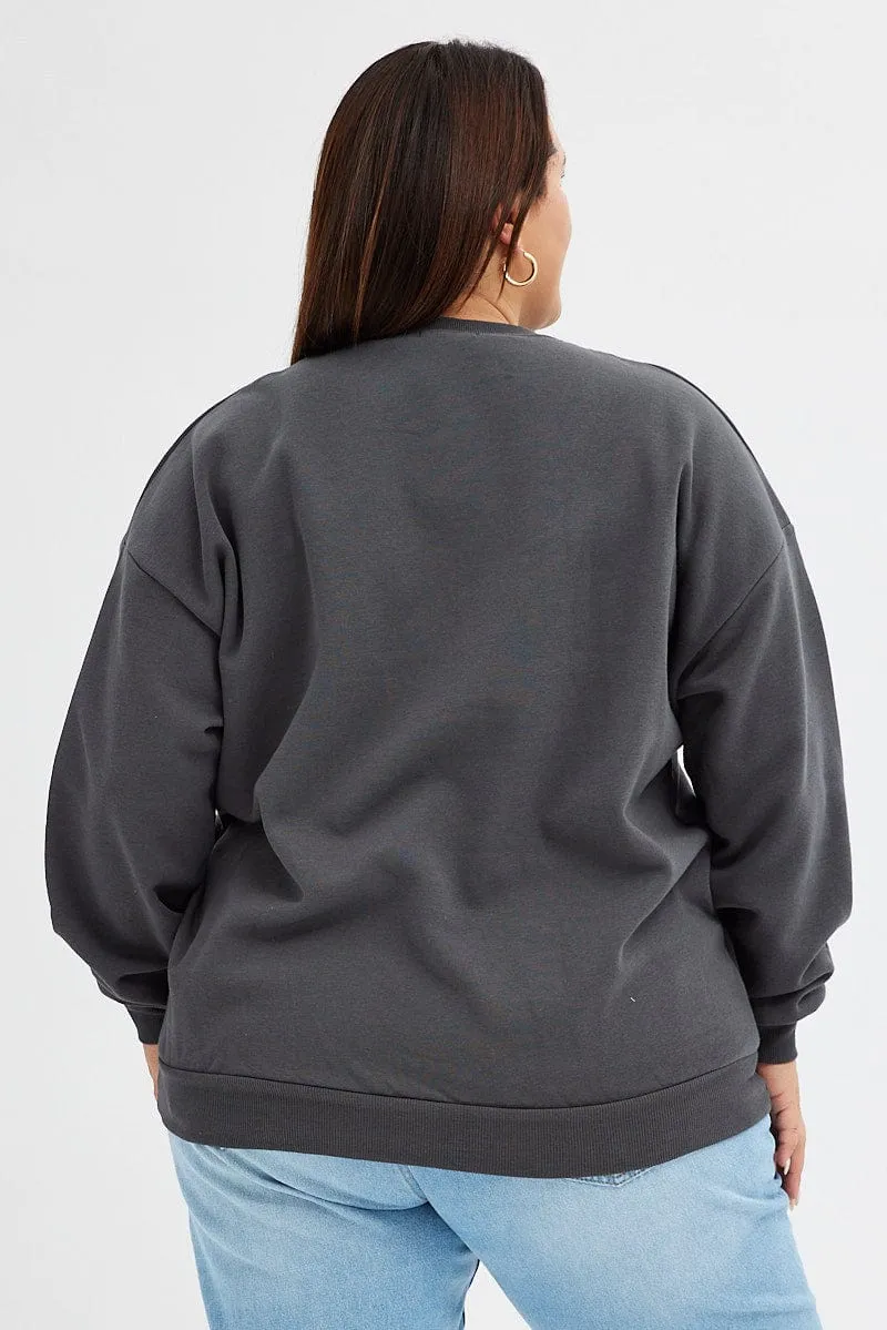Comfortable Outfit market demand Grey Graphic Sweater Los Angeles Long Sleeve Relaxed