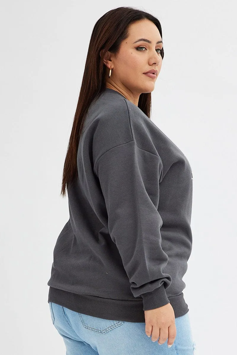 Grey Graphic Sweater Los Angeles Long Sleeve Relaxed Practical clothing Holiday Wear