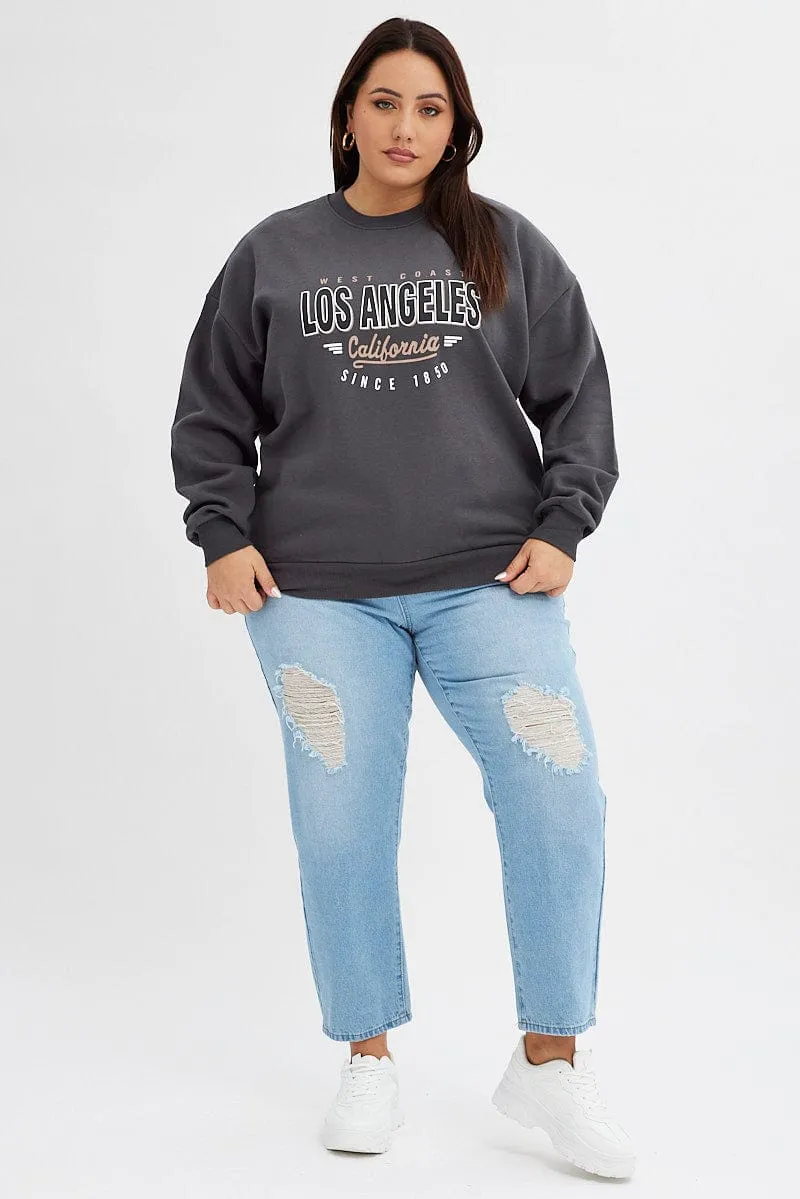 Chill Vibe running suitable Grey Graphic Sweater Los Angeles Long Sleeve Relaxed