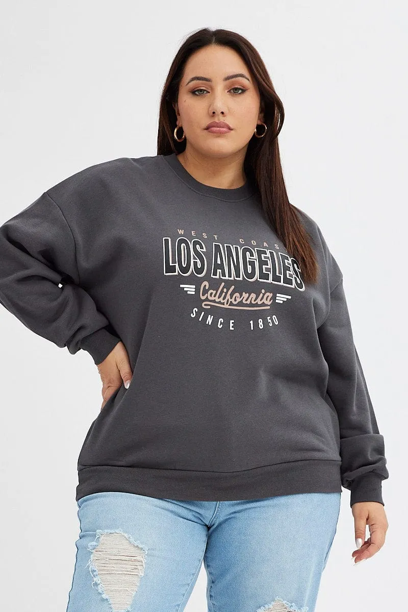 product solo confidence right for running Grey Graphic Sweater Los Angeles Long Sleeve Relaxed