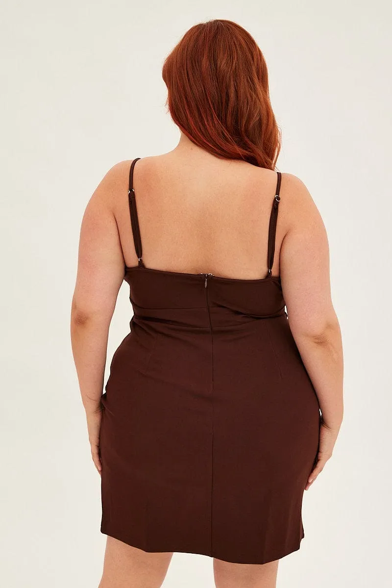 Contemporary Look Sleek Fashion Brown Midi Dress Shoestring Strap Fitted Stretch Crepe