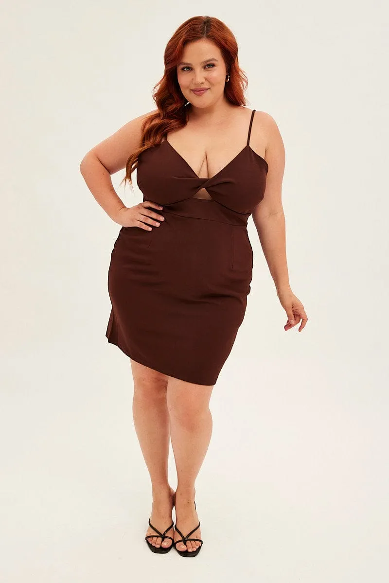 Brown Midi Dress Shoestring Strap Fitted Stretch Crepe Vintage Lover Versatile midi for travel