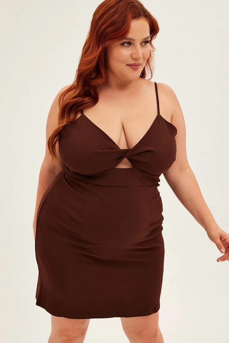 Brown Midi Dress Shoestring Strap Fitted Stretch Crepe Port Side Emerald Glow