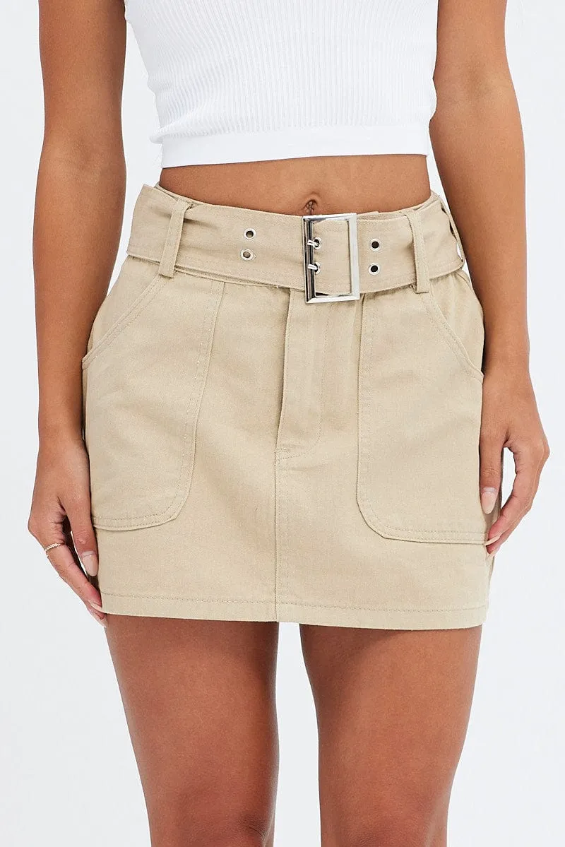 Beige Mini Skirt Low Rise Belted Cotton Blend Neat Fit