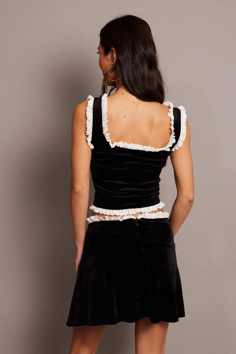 Black Skater Skirt Mini Velvet Spring Must Have Two Tone Trim