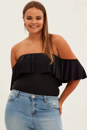 EasyCareMaterial Black Frill Bodysuit Off Shoulder Frill Jersey