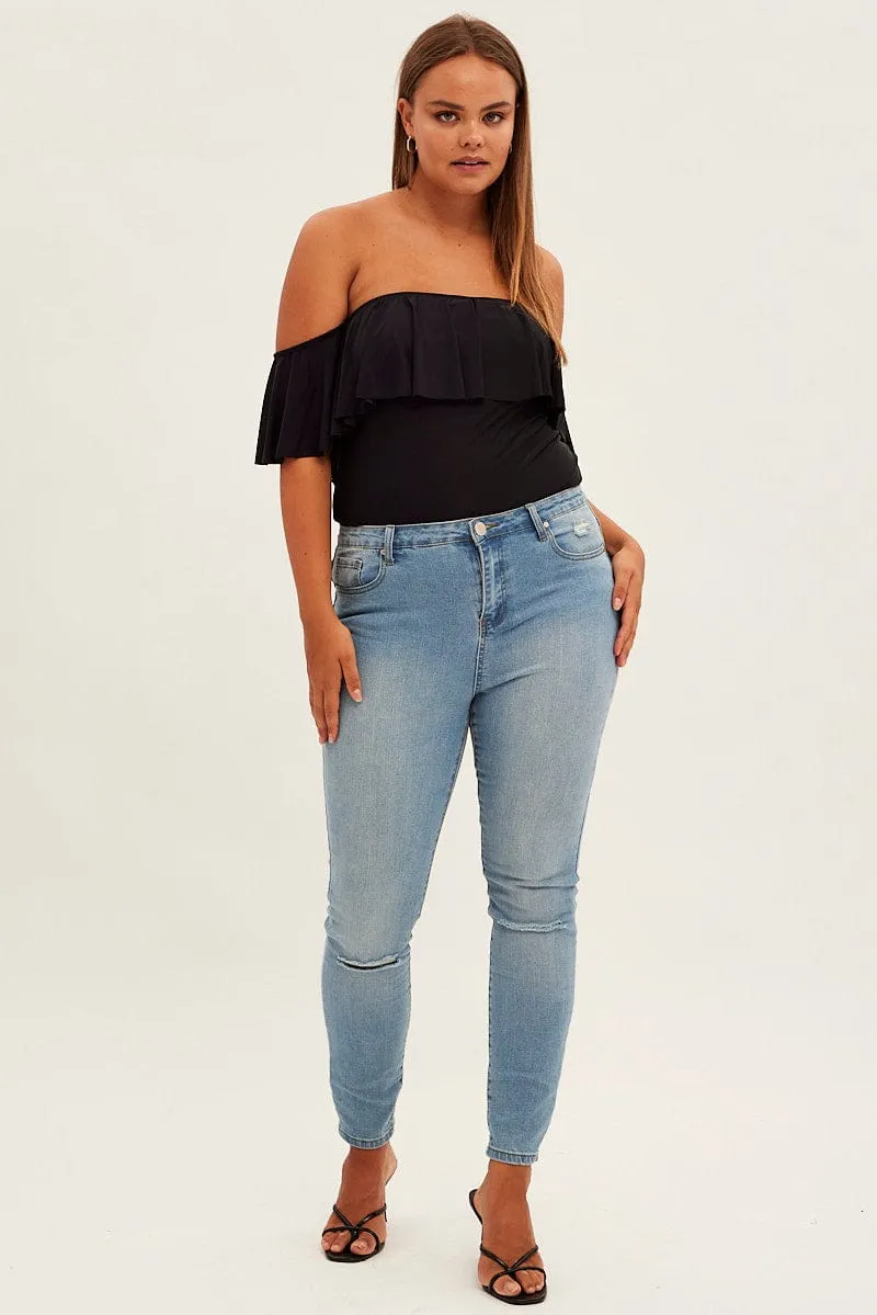 Black Frill Bodysuit Off Shoulder Frill Jersey WrinkleResistantCloth