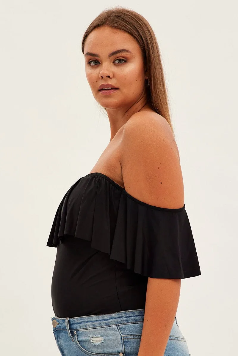 MicroPerforatedTexture Black Frill Bodysuit Off Shoulder Frill Jersey