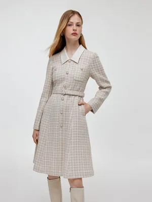 Wool Blend Tweed Patchwork Lapel Women Midi Dress With Belt Airy Shape