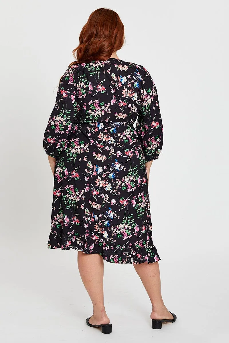 Floral Print Maxi Dress V-neck Long Sleeve Rose Garden