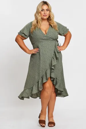 Geo Print Midi Dress Short Sleeve Ruffle Hem Timeless Look