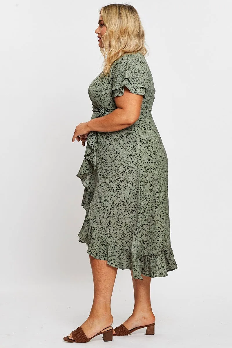 Art Gallery Gala Ready Geo Print Midi Dress Short Sleeve Ruffle Hem