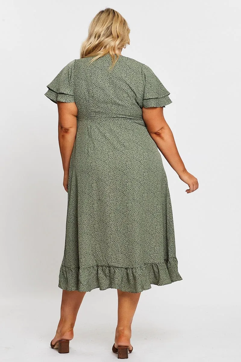 Soft Grace Geo Print Midi Dress Short Sleeve Ruffle Hem
