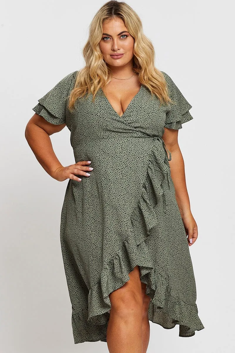 Geo Print Midi Dress Short Sleeve Ruffle Hem Parisian Touch Grass Smell