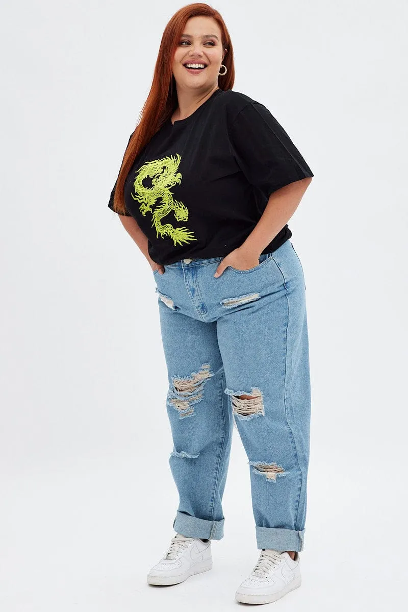 Black Graphic T-shirt Oversized Dragon Embroidered Comfortable And Versatile Light Outfit
