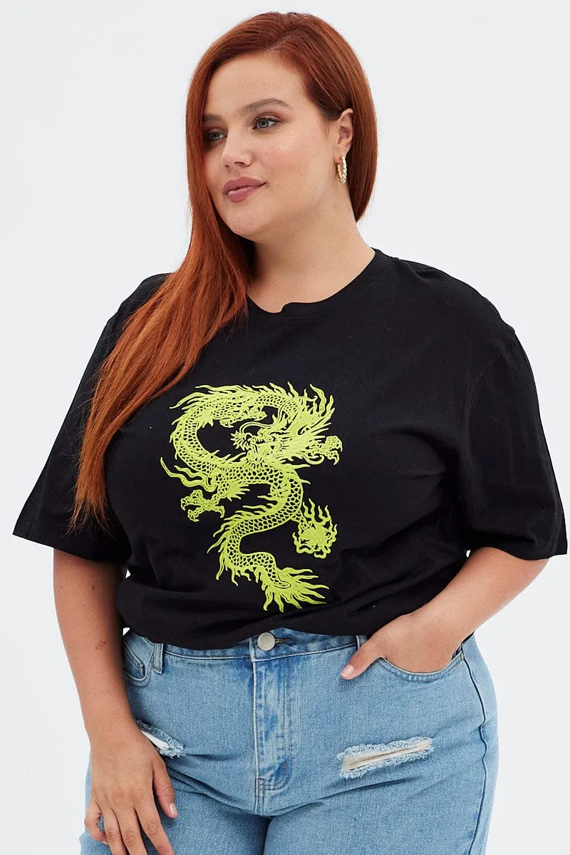 Black Graphic T-shirt Oversized Dragon Embroidered short sleeved Distressed Hem Finish