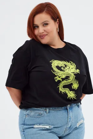 Black Graphic T-shirt Oversized Dragon Embroidered Relaxed Comfort Abrasion resistant