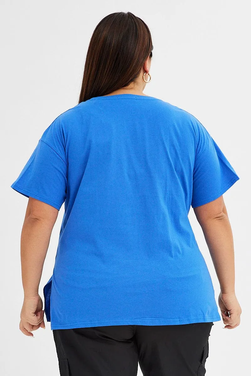 NoSideSeams Stretch Knit Blue Graphic T-shirt 98 Athletic Dept Cotton Jersey