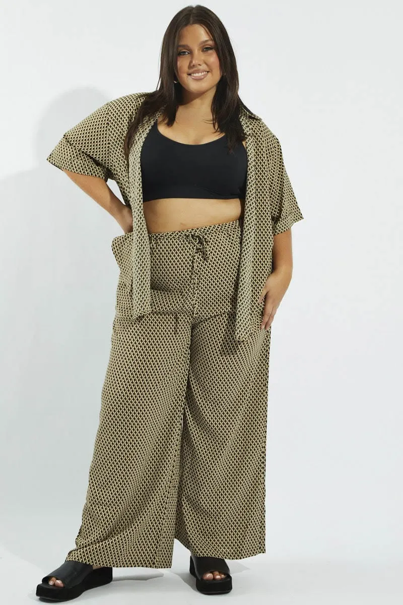 Non Tapered Leg Durable Hemming Brown Geo Wide Leg Pants High Rise