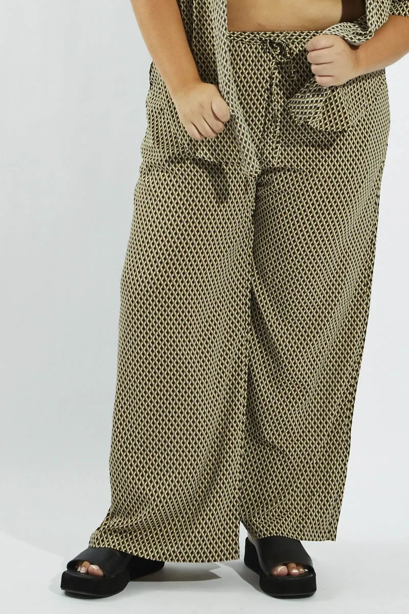 Brown Geo Wide Leg Pants High Rise Stay Fresh Lined interior