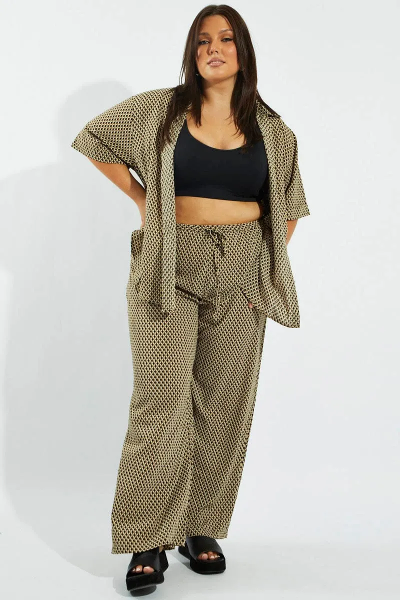 HiddenPockets ErgonomicArticulatedDesign Brown Geo Wide Leg Pants High Rise