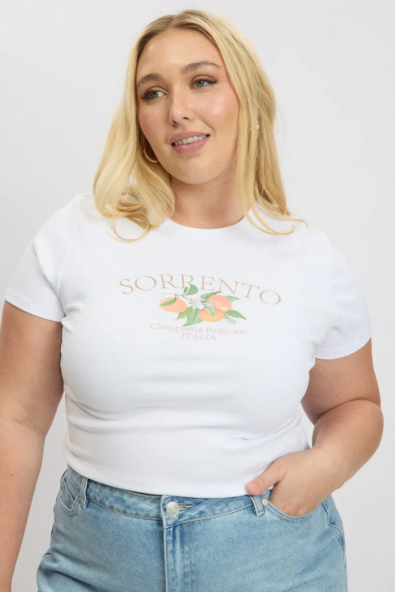 Simple Look White Graphic T Shirt Short sleeve Crew Neck