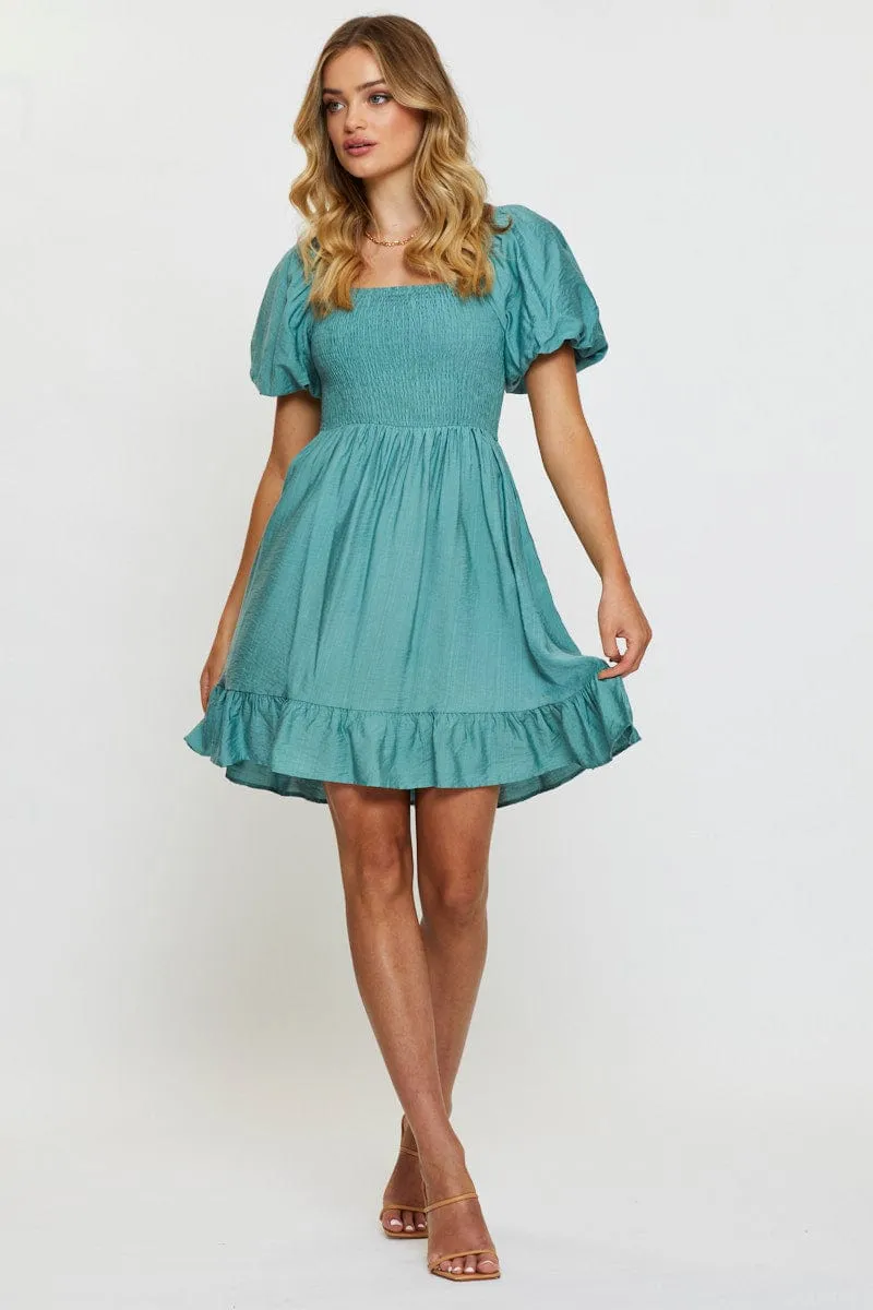 Bold Twist Floral Wear Blue Mini Dress Short Sleeve