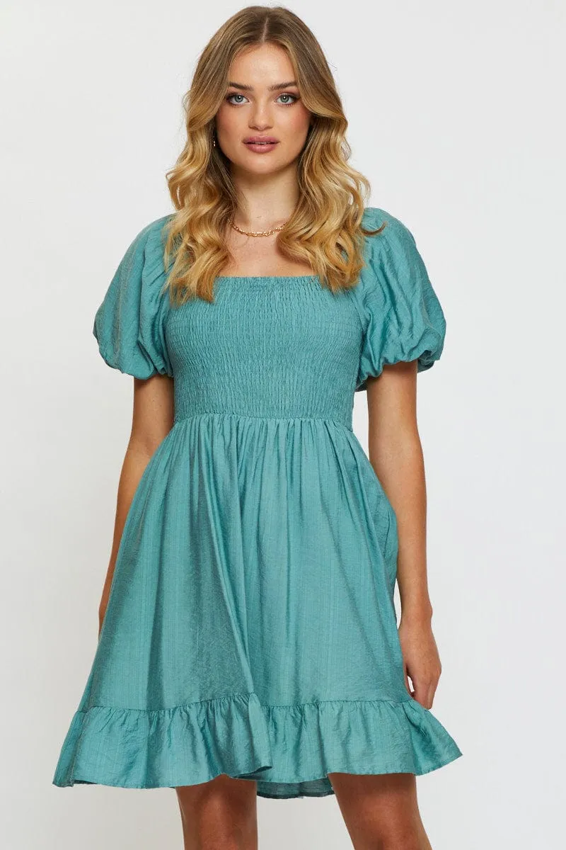 Blue Mini Dress Short Sleeve Floral Design Wear Night Out