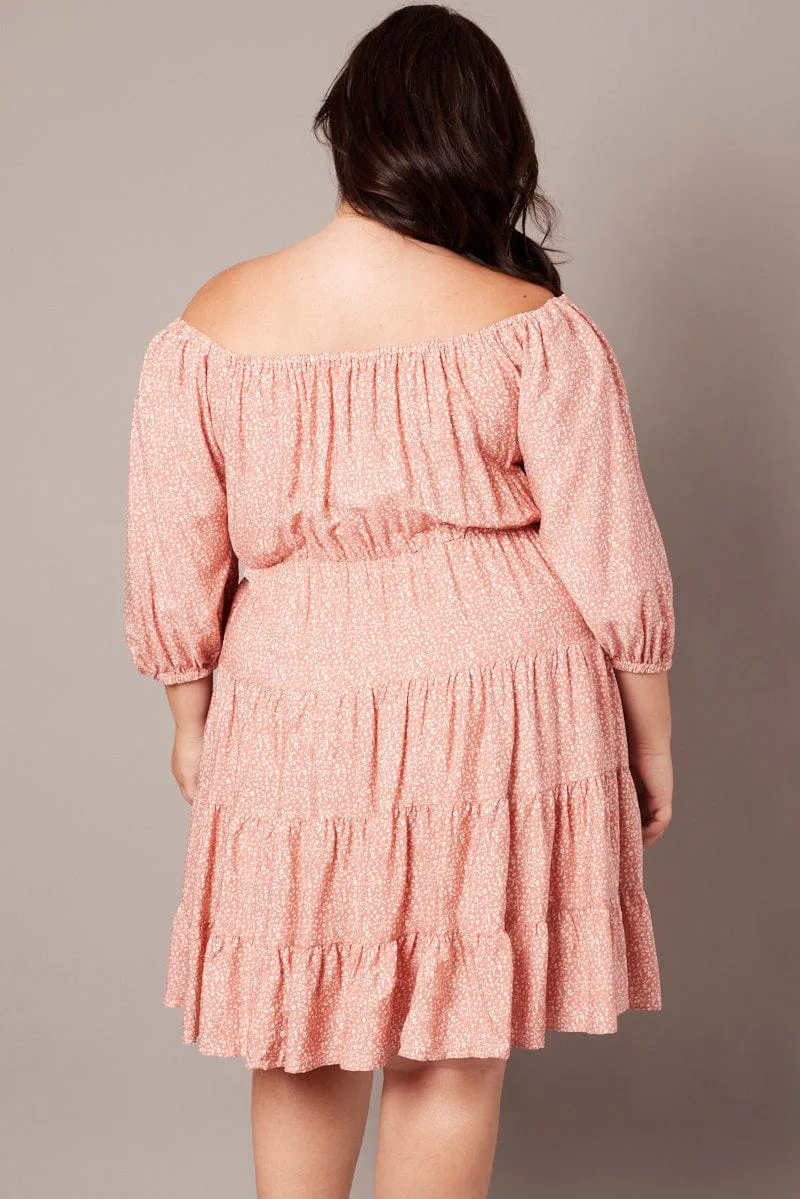 Party Star Relaxed Chic Pink Ditsy Tie Front Tiered Mini Dress