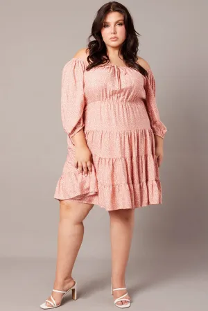 Tagless Labeling Pink Ditsy Tie Front Tiered Mini Dress