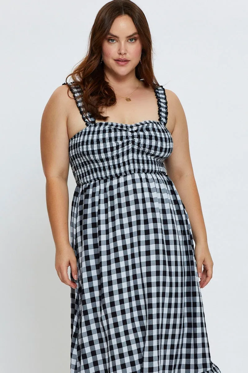 Check Midi Dress Square Neck Sleeveless Chic Layers