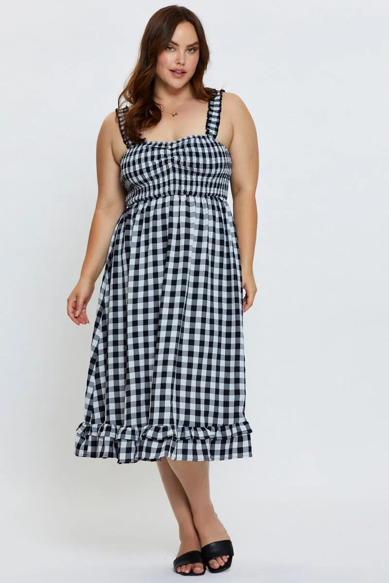 Check Midi Dress Square Neck Sleeveless Street Chic