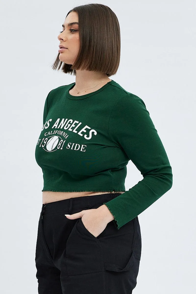 Green Graphic T-shirt Long Sleeve Crew Neck weekday wear