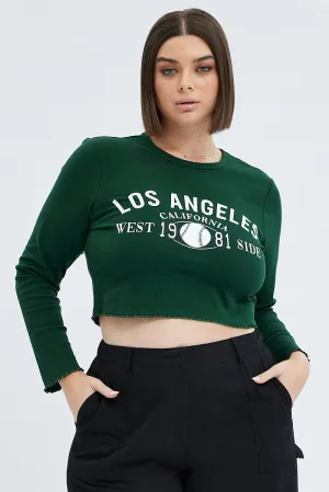 Green Graphic T-shirt Long Sleeve Crew Neck Minimalist Stitching harmonious