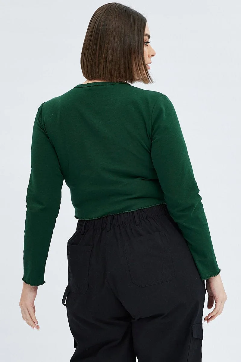 Green Graphic T-shirt Long Sleeve Crew Neck Garment Dyed Finish