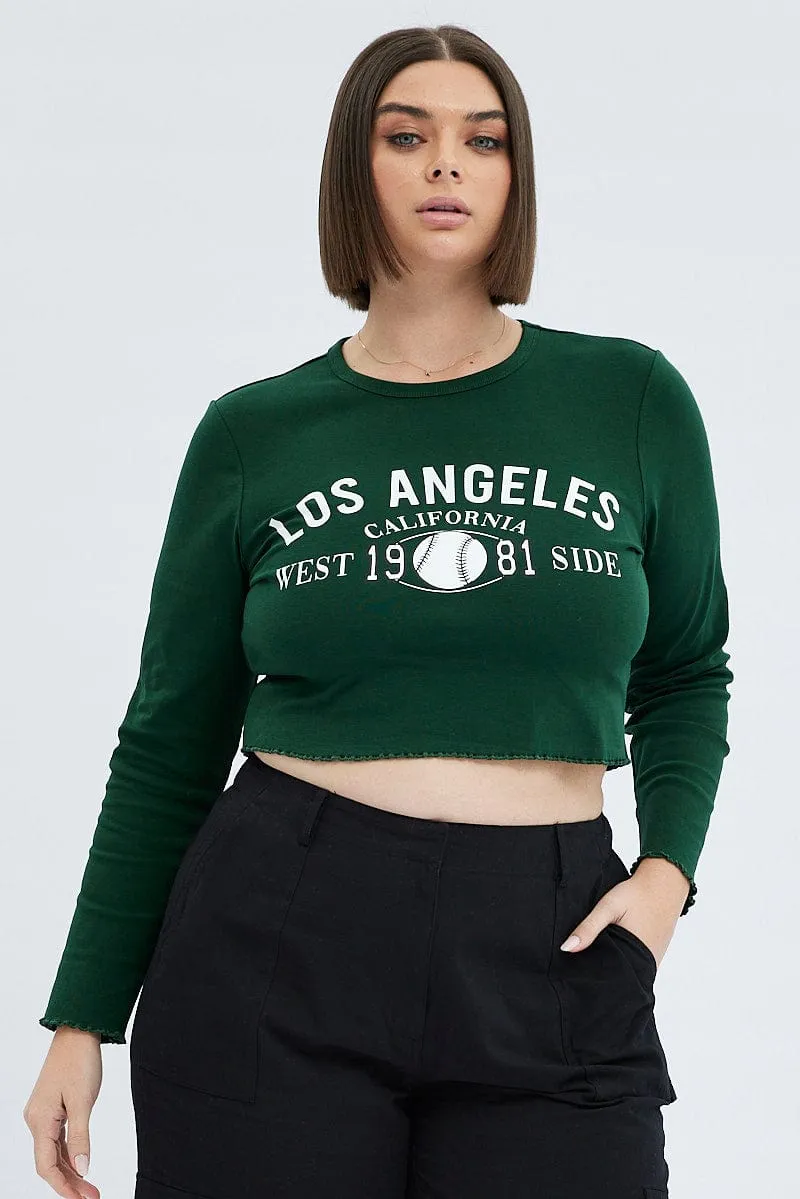Green Graphic T-shirt Long Sleeve Crew Neck Fun and Relaxed Date night