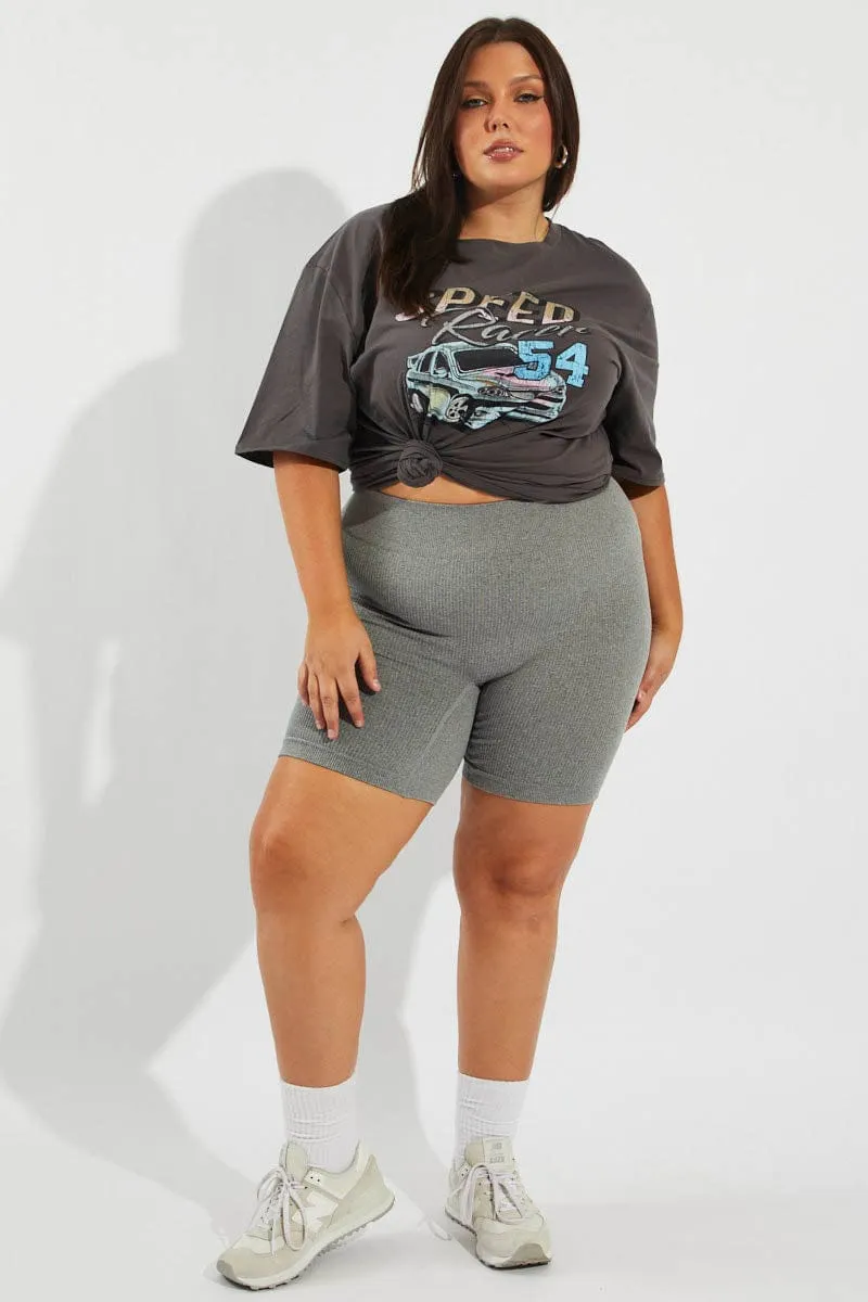 Grey Graphic T-shirt Short Sleeve Crew Neck Non Restrictive Fit Easy-Going Style