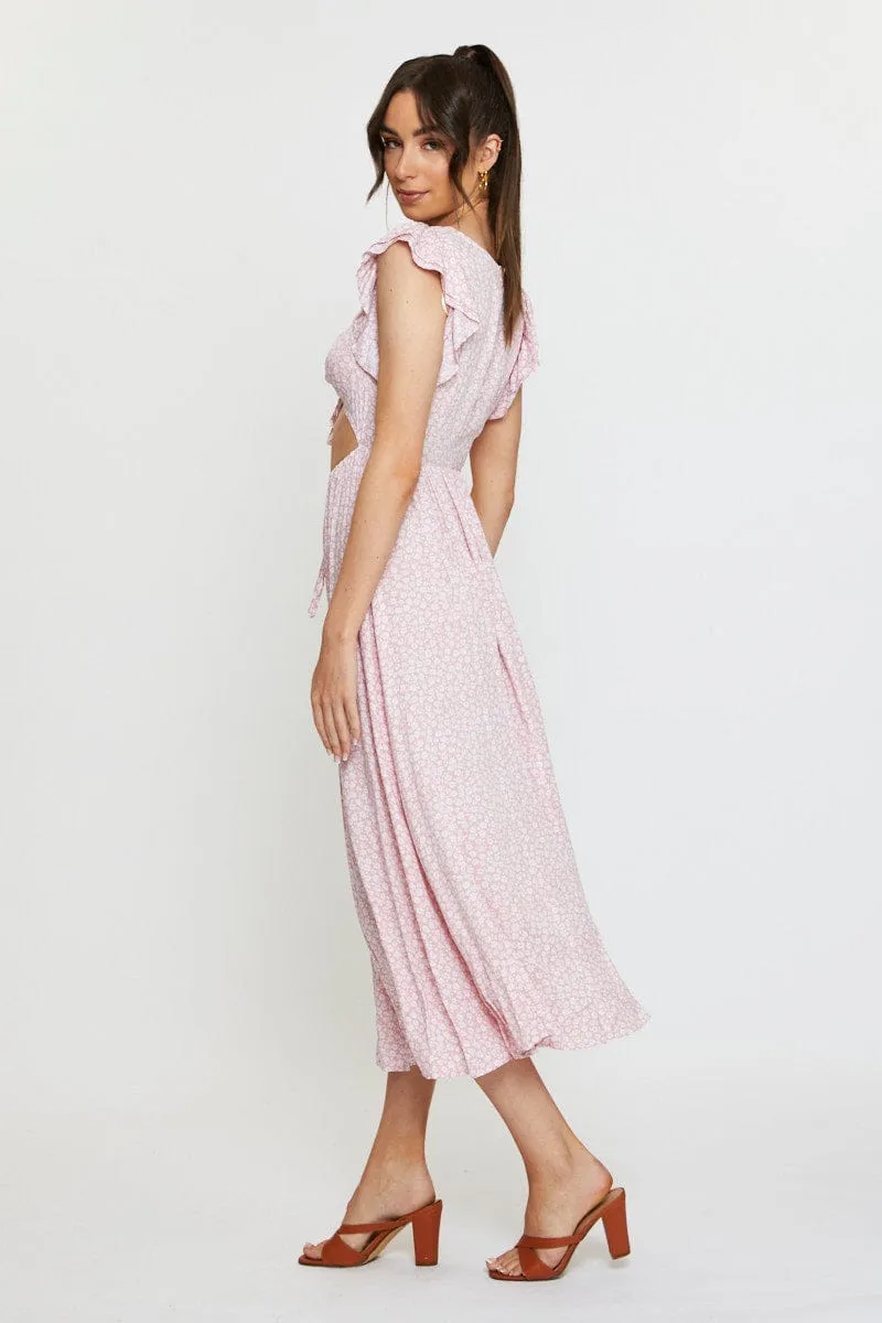 Modern Edge Chrome Glow Ditsy Print Maxi Dress Sleeveless V Neck