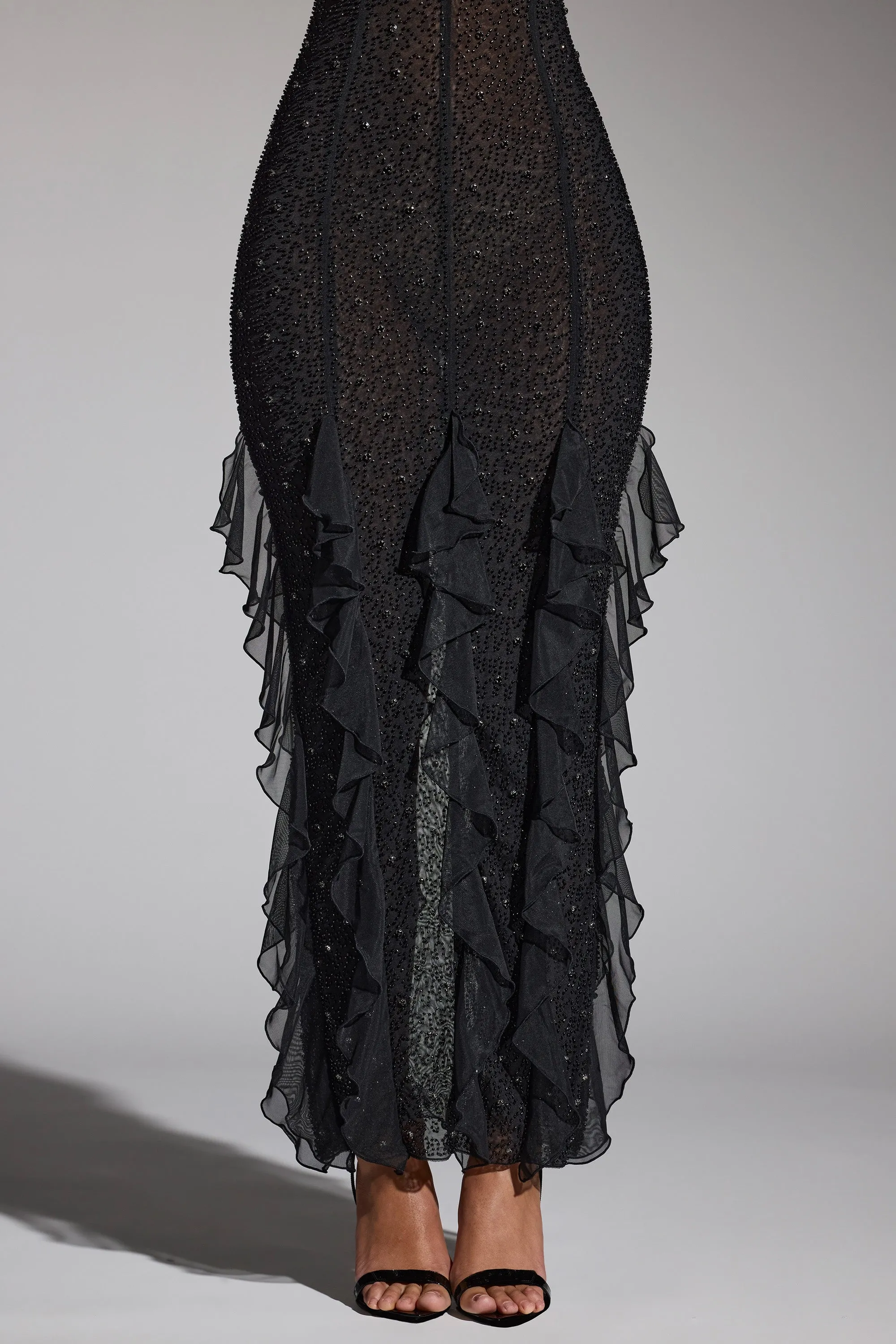 Autumn Tone Embellished Halter Neck Ruffle Maxi Dress in Black