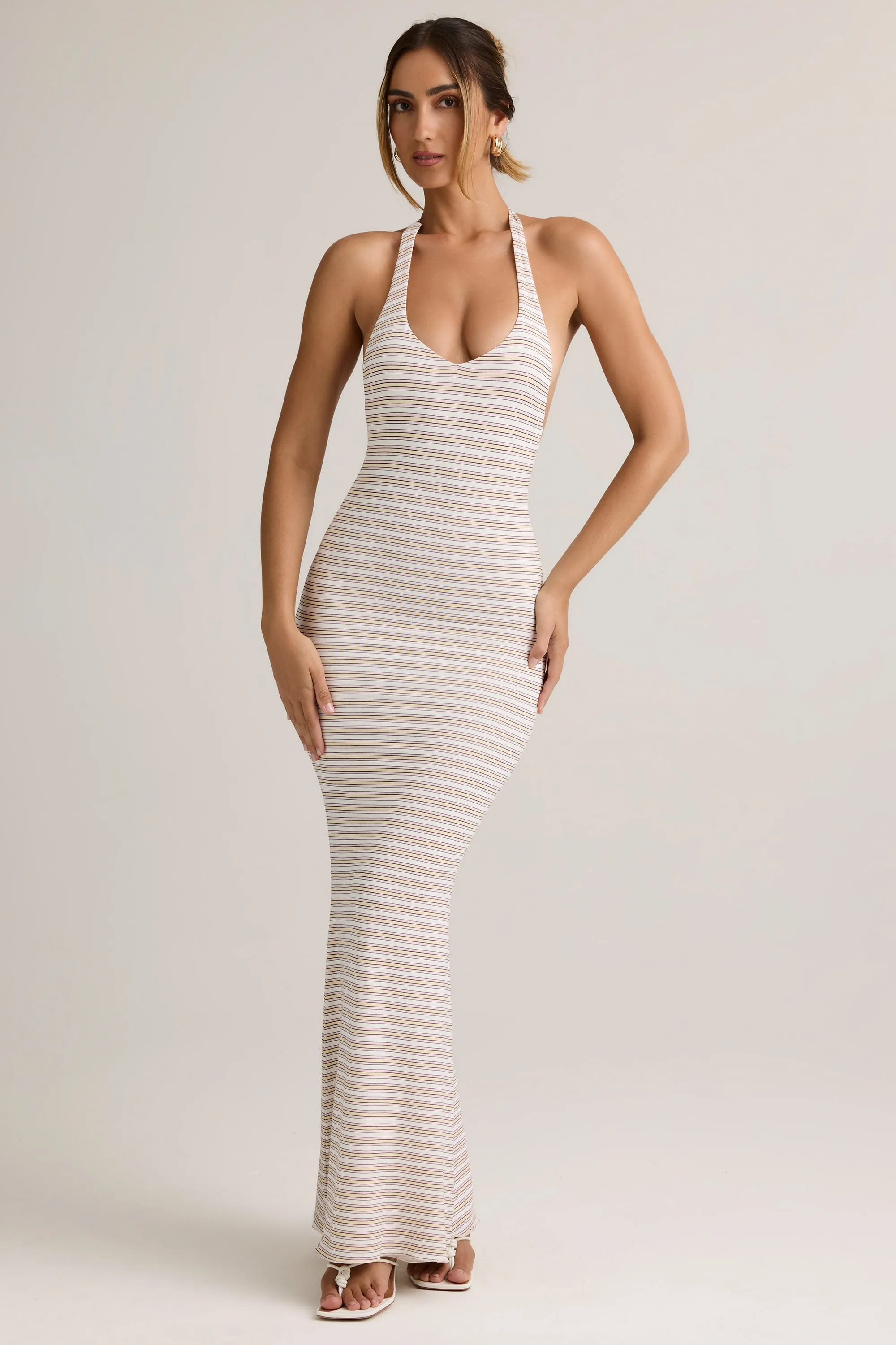 Lantern Arm Modal Halterneck Maxi Dress in Pink Yellow Stripe