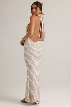 Modal Halterneck Maxi Dress in Pink Yellow Stripe Cowl Neck