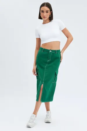 Green Midi Skirt Mid Rise A-line Cargo Contrast Stitch Seasonal special