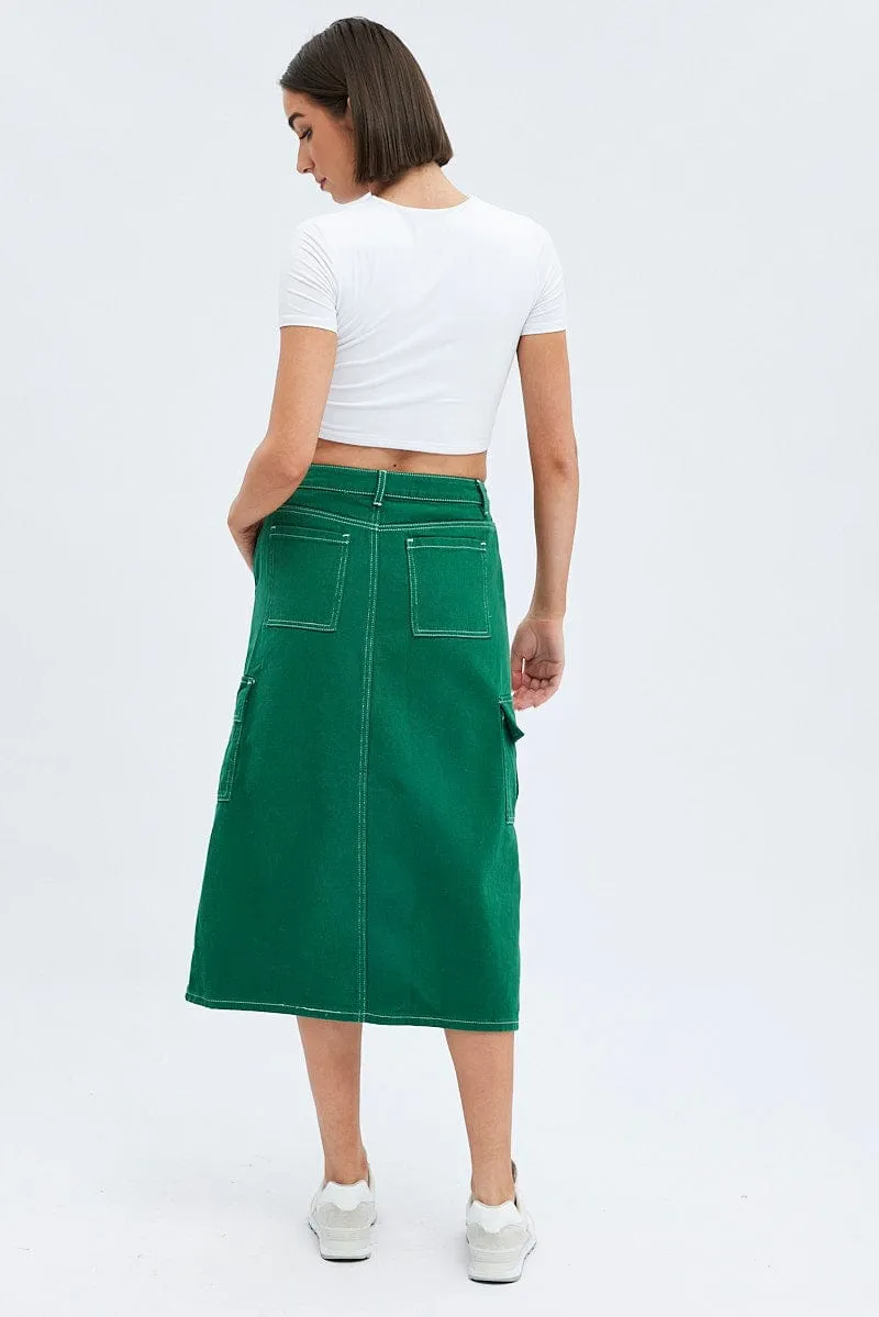 Machine wash safe Invisible Seams Green Midi Skirt Mid Rise A-line Cargo Contrast Stitch
