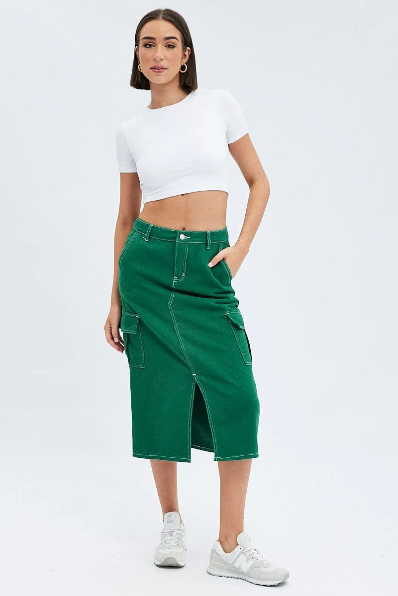 Linen blend Green Midi Skirt Mid Rise A-line Cargo Contrast Stitch