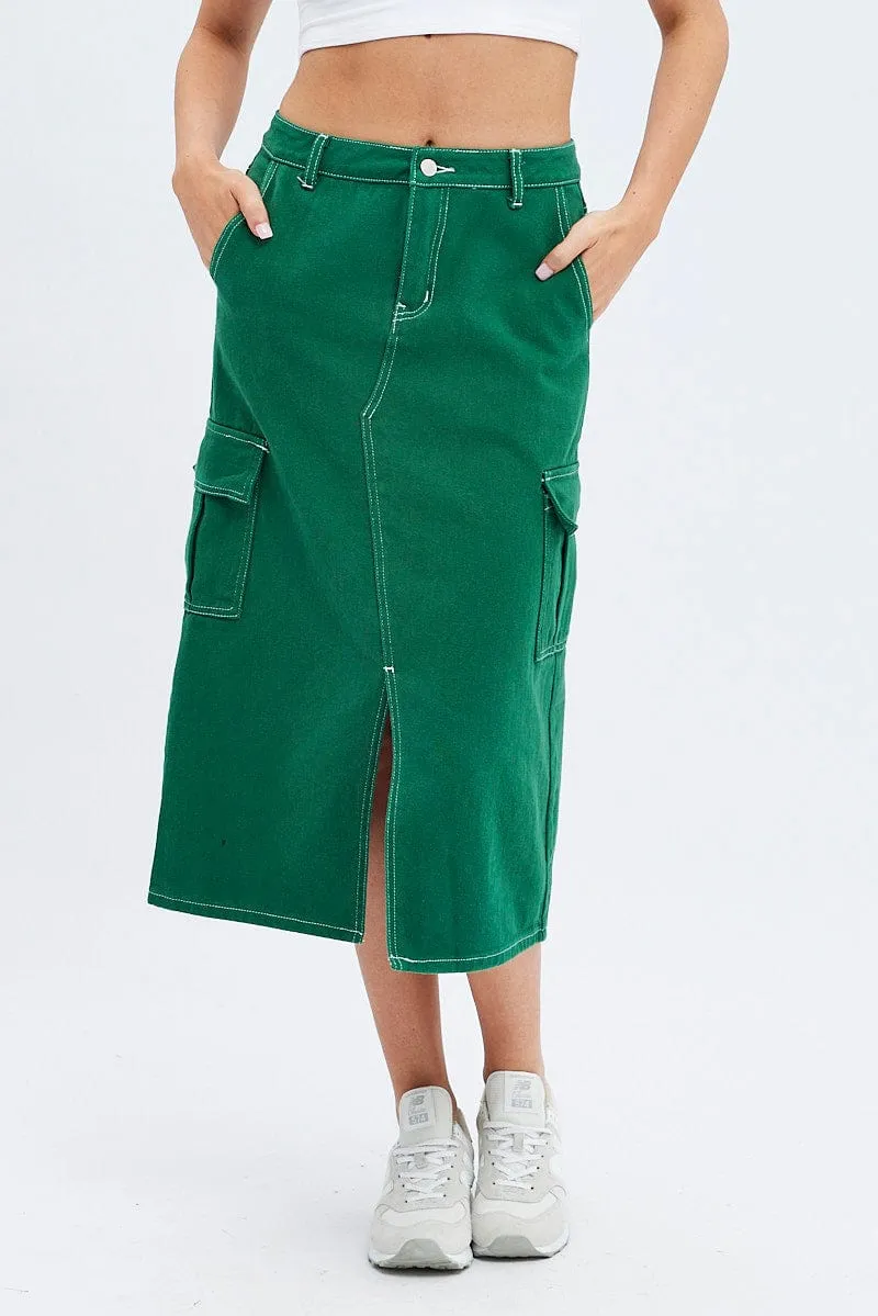 Green Midi Skirt Mid Rise A-line Cargo Contrast Stitch Erasable Crease Tie Dye Style
