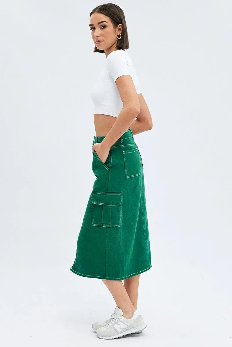 Green Midi Skirt Mid Rise A-line Cargo Contrast Stitch Autumn Stroll
