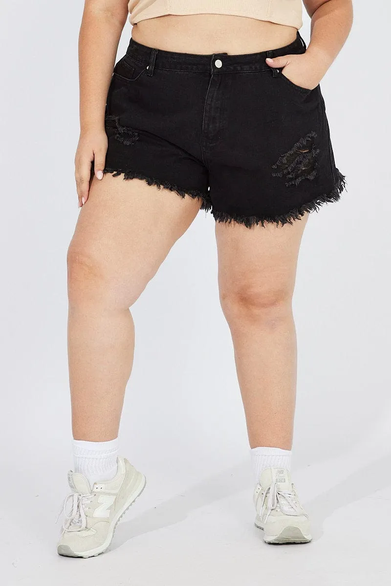 Black Relaxed Denim Shorts High Rise Placket Closure Grace Ease